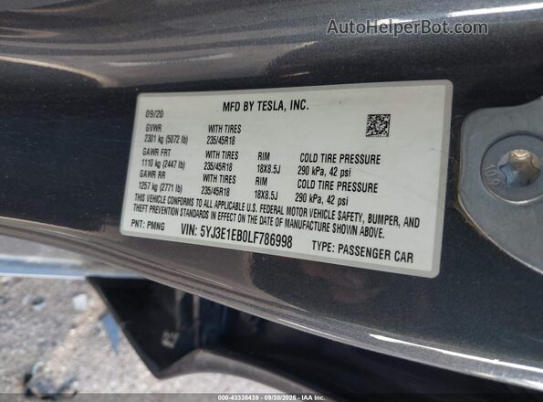 5YJ3E1EB0LF786998 2020 TESLA MODEL 3 Gray Widok komory silnika