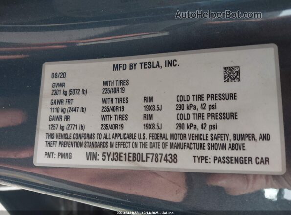5YJ3E1EB0LF787438 2020 TESLA MODEL 3 Серый Вид подкапотного пространства