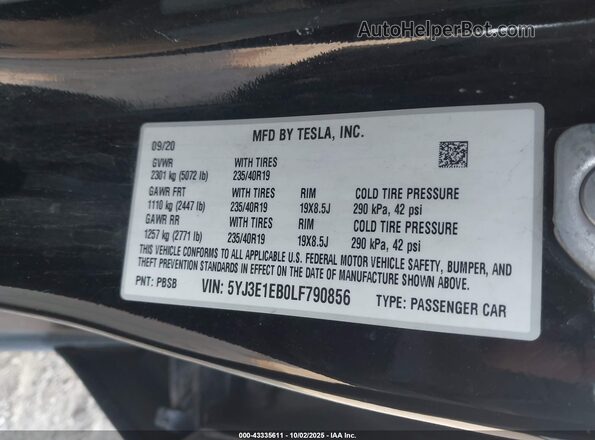 5YJ3E1EB0LF790856 2020 TESLA MODEL 3 Black Engine compartment view