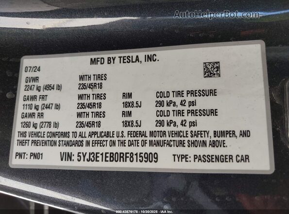 5YJ3E1EB0RF815909 2024 TESLA MODEL 3 Gray Engine compartment view