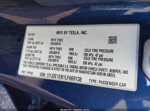 5YJ3E1EB1LF669138 2020 TESLA MODEL 3 Blue Engine compartment view