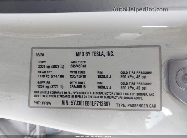 5YJ3E1EB1LF712697 2020 TESLA MODEL 3 White Engine compartment view