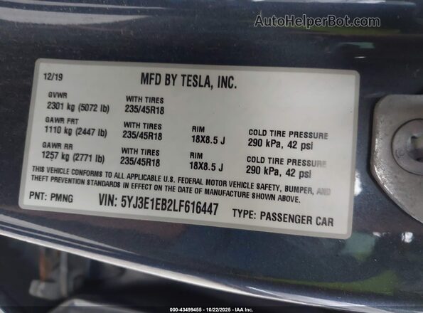 5YJ3E1EB2LF616447 2020 TESLA MODEL 3 Gray Вид підкапотного простору