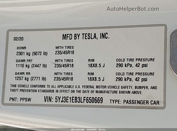 5YJ3E1EB3LF650669 2020 TESLA MODEL 3 White Engine compartment view