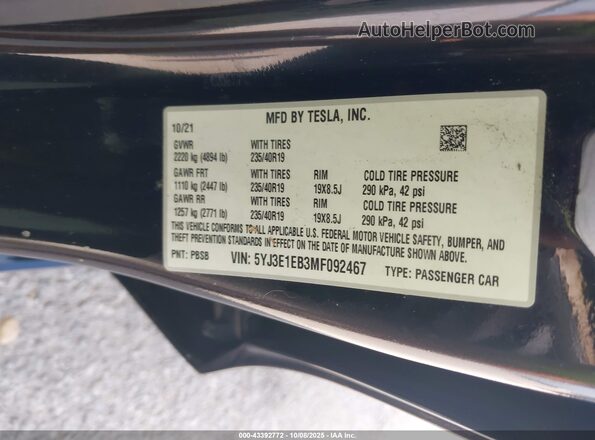 5YJ3E1EB3MF092467 2021 TESLA MODEL 3 Черный Вид подкапотного пространства