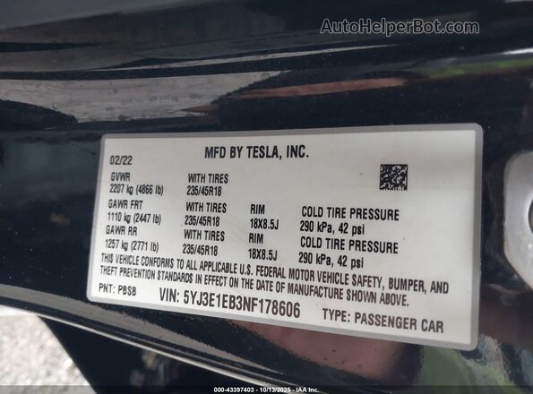 5YJ3E1EB3NF178606 2022 TESLA MODEL 3 Black Engine compartment view