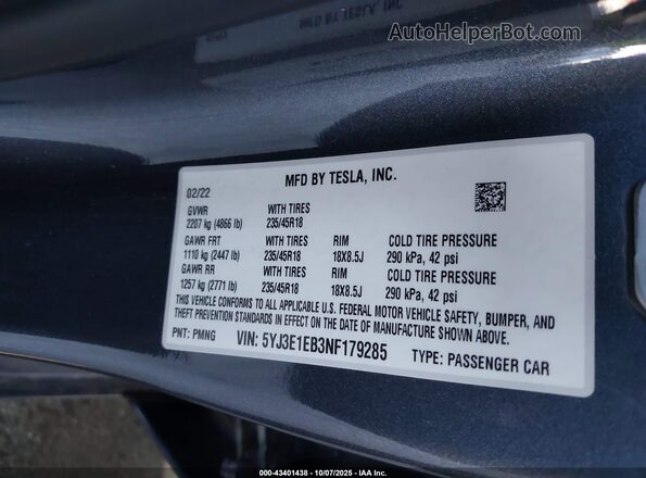 5YJ3E1EB3NF179285 2022 TESLA MODEL 3 Gray Вид підкапотного простору