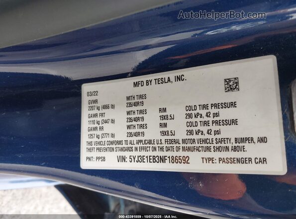 5YJ3E1EB3NF186592 2022 TESLA MODEL 3 Blue ძრავის განყოფილების ხედი