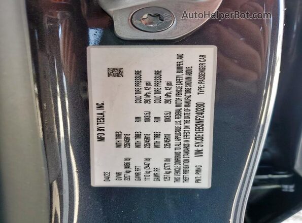 5YJ3E1EB3NF240280 2022 TESLA MODEL Gray Widok naklejki z numerem VIN