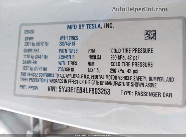5YJ3E1EB4LF803253 2020 TESLA MODEL 3 White Вид підкапотного простору