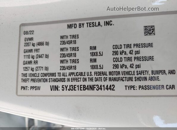5YJ3E1EB4NF341442 2022 TESLA MODEL 3 White Vista del compartimento del motor
