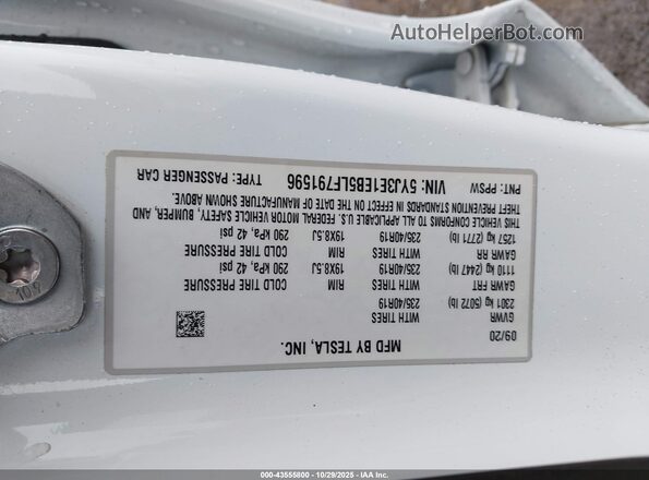 5YJ3E1EB5LF791596 2020 TESLA MODEL 3 White Engine compartment view