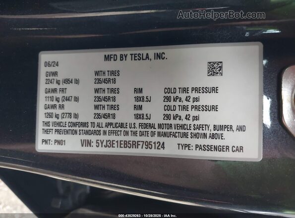5YJ3E1EB5RF795124 2024 TESLA MODEL 3 Серый Вид подкапотного пространства
