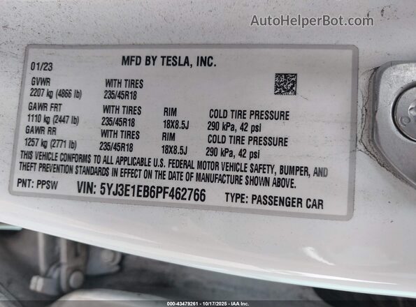 5YJ3E1EB6PF462766 2023 TESLA MODEL 3 White Вид підкапотного простору