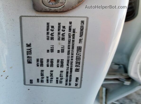 5YJ3E1EB7LF712669 2020 TESLA MODEL White Вид підкапотного простору