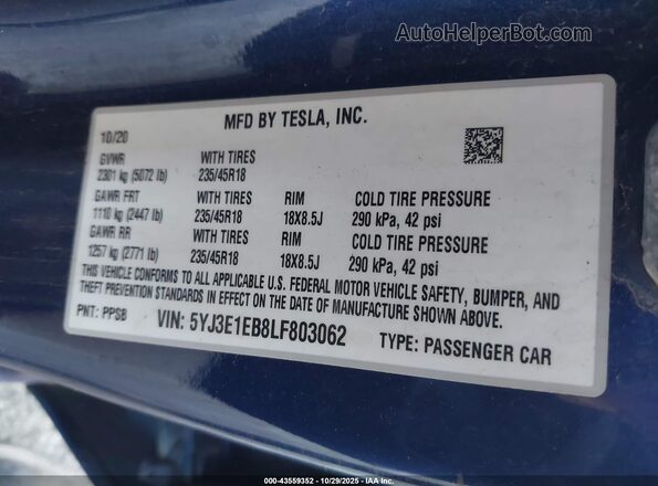 5YJ3E1EB8LF803062 2020 TESLA MODEL 3 Blue Շարժիչի բաժամունքի տեսք