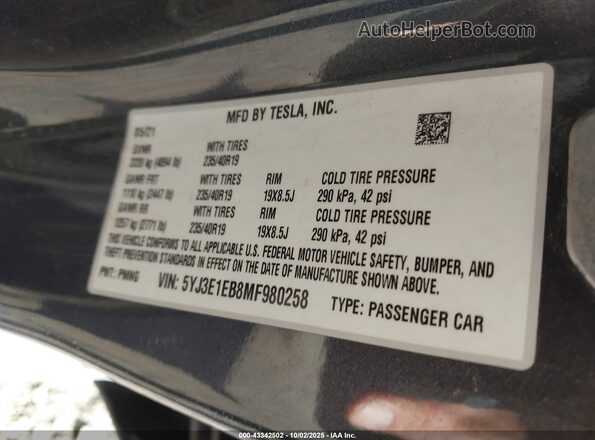 5YJ3E1EB8MF980258 2021 TESLA MODEL 3 Gray 
