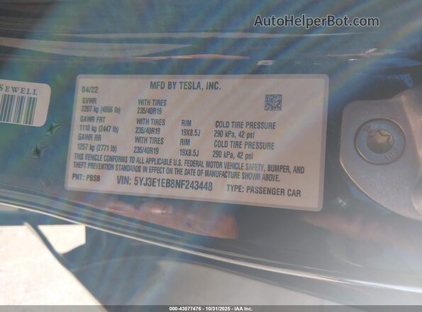 5YJ3E1EB8NF243448 2022 TESLA MODEL 3 Black 