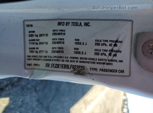 5YJ3E1EB9LF622889 2020 TESLA MODEL White VIN sticker view