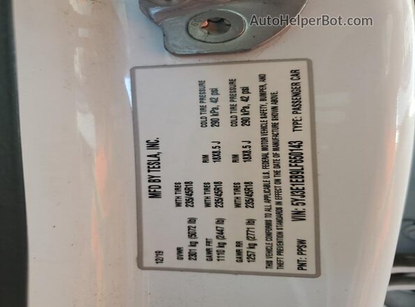 5YJ3E1EB9LF650143 2020 TESLA MODEL White Вид наклейки з VIN-кодом