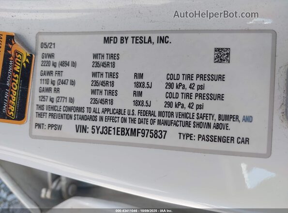 5YJ3E1EBXMF975837 2021 TESLA MODEL 3 White 