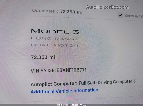 5YJ3E1EBXNF106771 2022 TESLA MODEL 3 Blue 
