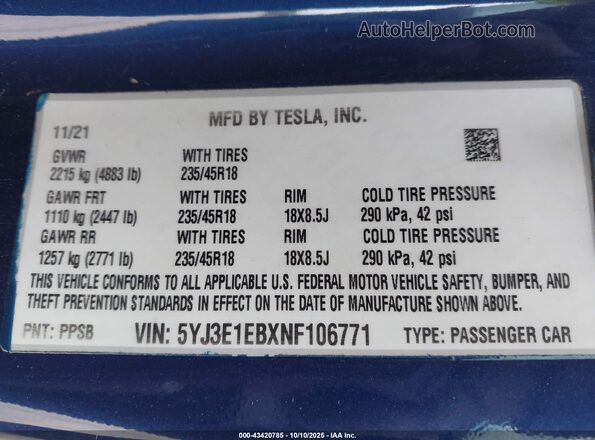 5YJ3E1EBXNF106771 2022 TESLA MODEL 3 Blue Շարժիչի բաժամունքի տեսք