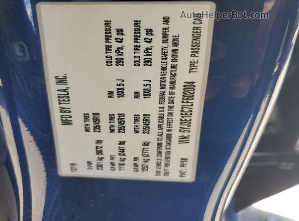 5YJ3E1EC7LF602004 2020 TESLA MODEL Blue ძრავის განყოფილების ხედი