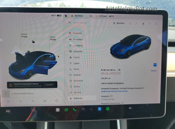 5YJ3E1EC7LF602004 2020 TESLA MODEL Blue ხელსაწყოთა პანელის ხედი