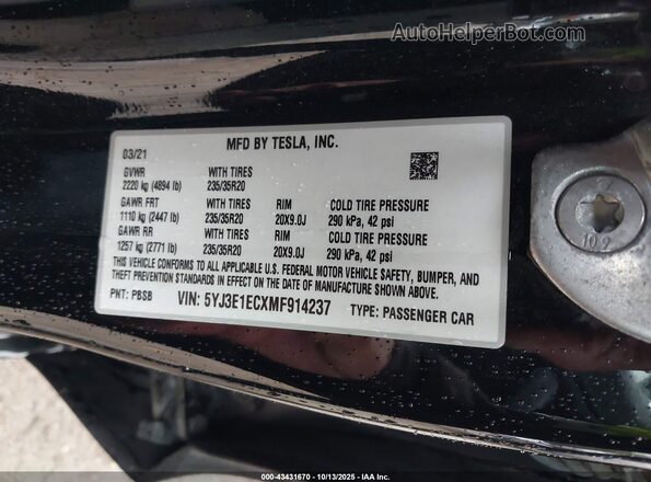5YJ3E1ECXMF914237 2021 TESLA MODEL 3 Black 