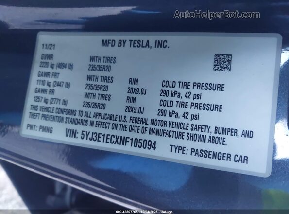 5YJ3E1ECXNF105094 2022 TESLA MODEL 3 Gray Engine compartment view