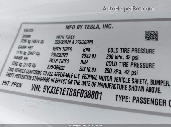 5YJ3E1ET8SF038801 2025 TESLA MODEL 3 Белый 