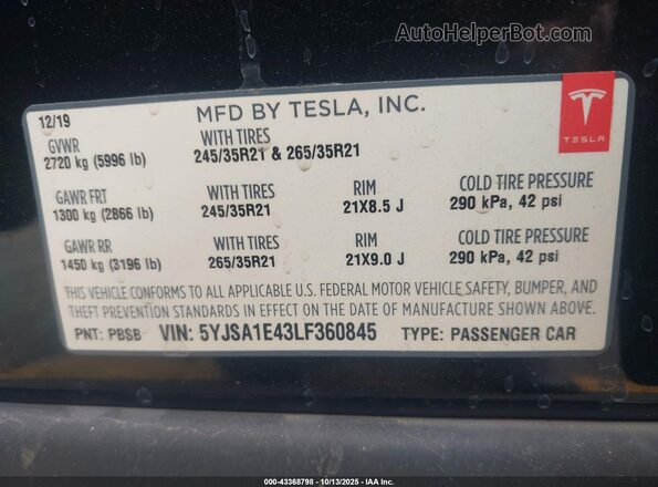 5YJSA1E43LF360845 2020 TESLA MODEL S Black Vista del compartimento del motor