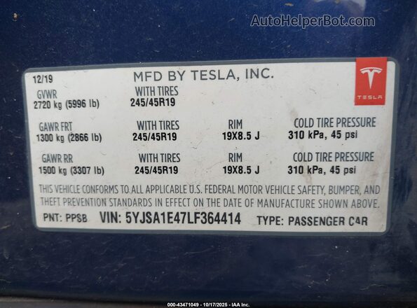 5YJSA1E47LF364414 2020 TESLA MODEL S Blue 