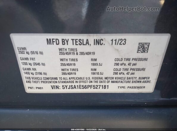 5YJSA1E56PF527181 2023 TESLA MODEL S Gray 