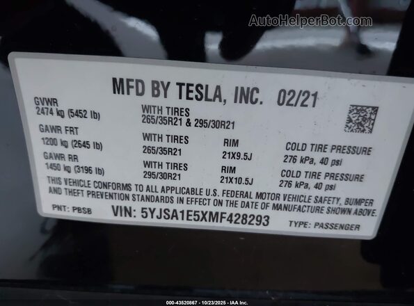 5YJSA1E5XMF428293 2021 TESLA MODEL S Черный Вид наклейки с VIN-кодом