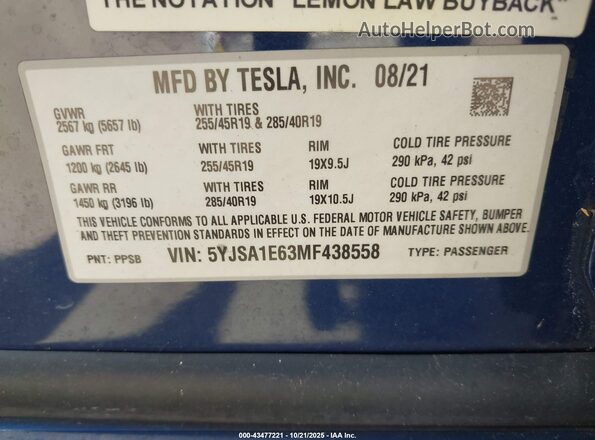 5YJSA1E63MF438558 2021 TESLA MODEL S Синий 