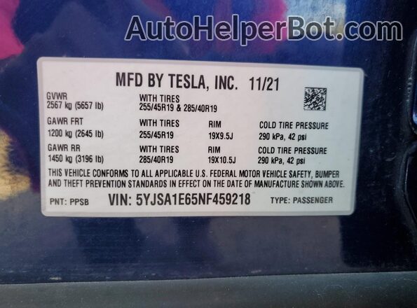 5YJSA1E65NF459218 2022 TESLA MODEL Blue Вид наклейки з VIN-кодом