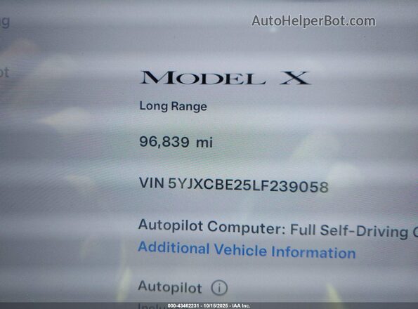 5YJXCBE25LF239058 2020 TESLA MODEL X Белый 