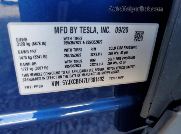5YJXCBE47LF301402 2020 TESLA MODEL Blue VIN կոդի պիտակի տեսք