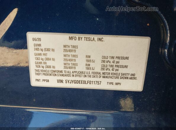 5YJYGDEE0LF011757 2020 TESLA MODEL Y Blue Вид підкапотного простору