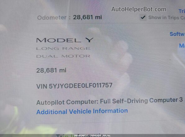 5YJYGDEE0LF011757 2020 TESLA MODEL Y Blue 