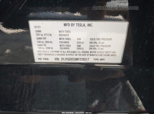 5YJYGDEE0MF228517 2021 TESLA MODEL Y Black Вид підкапотного простору