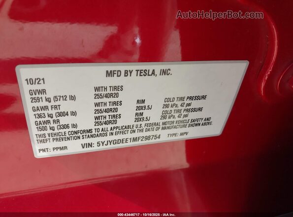 5YJYGDEE1MF298754 2021 TESLA MODEL Y Red Engine compartment view