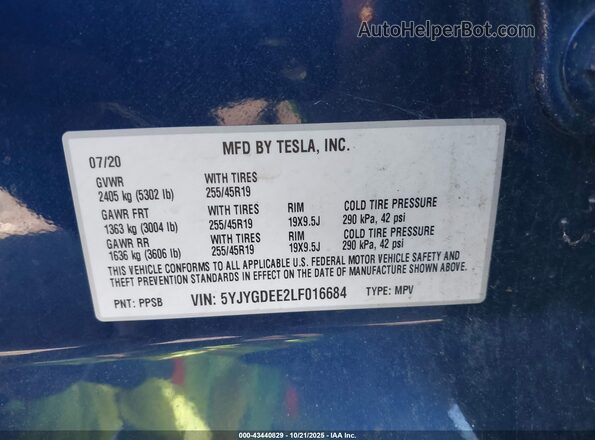 5YJYGDEE2LF016684 2020 TESLA MODEL Y Синий Вид подкапотного пространства