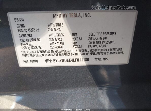 5YJYGDEE4LF011180 2020 TESLA MODEL Y Gray Շարժիչի բաժամունքի տեսք