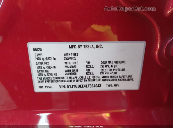 5YJYGDEE4LF024043 2020 TESLA MODEL Y Red Вид підкапотного простору