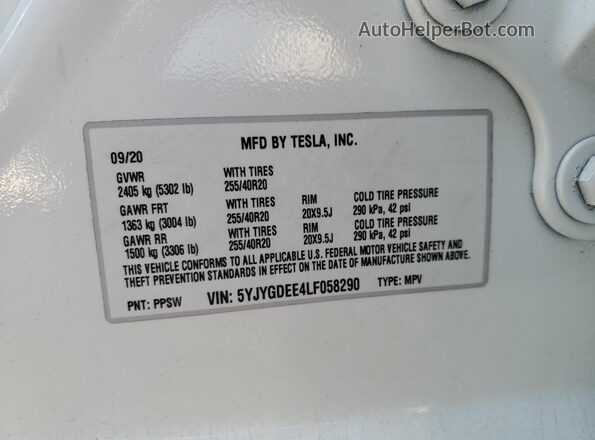 5YJYGDEE4LF058290 2020 TESLA MODEL White Vista de la etiqueta del VIN