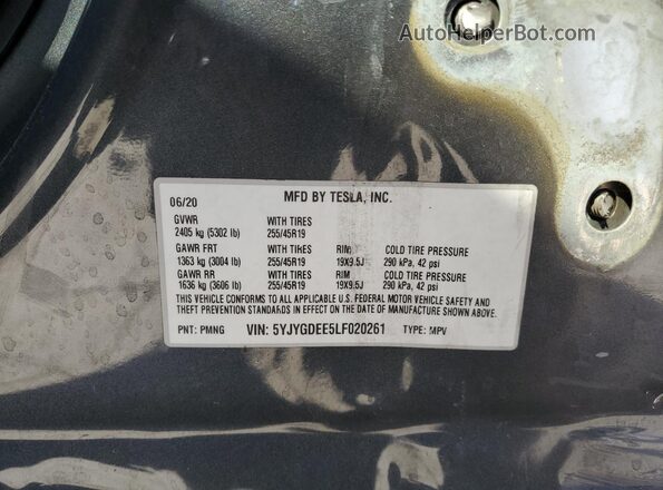 5YJYGDEE5LF020261 2020 TESLA MODEL Gray VIN sticker view
