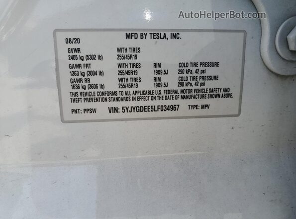 5YJYGDEE5LF034967 2020 TESLA MODEL Белый Вид наклейки с VIN-кодом